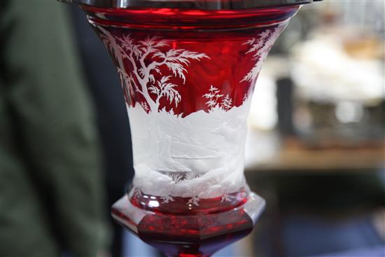 A large Bohemian ruby-stained glass cup and cover, mid 19th century, height 51 cm, finial re-fixed, shallow chips
